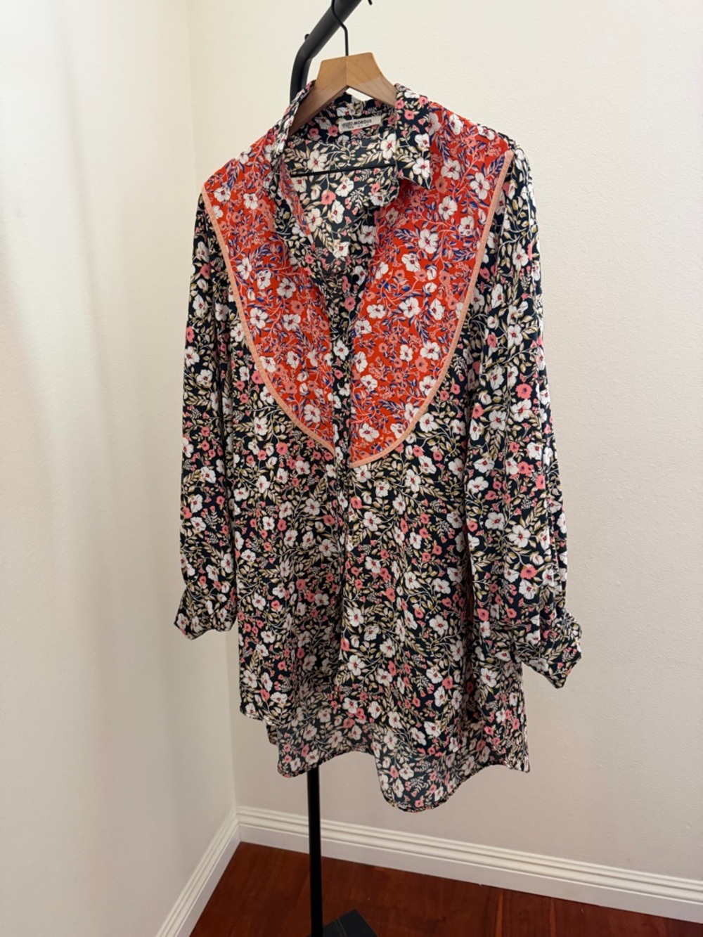 Glamorous mixed folk Black Floral Mix-Print Shirt Dress with Orange Yoke - Picture 3 of 6
